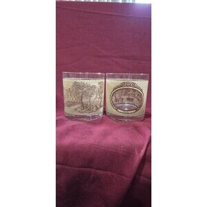2 Houze Currier & Ives Homestead Rocks Glasses Window Frame To Scene Drink EUC